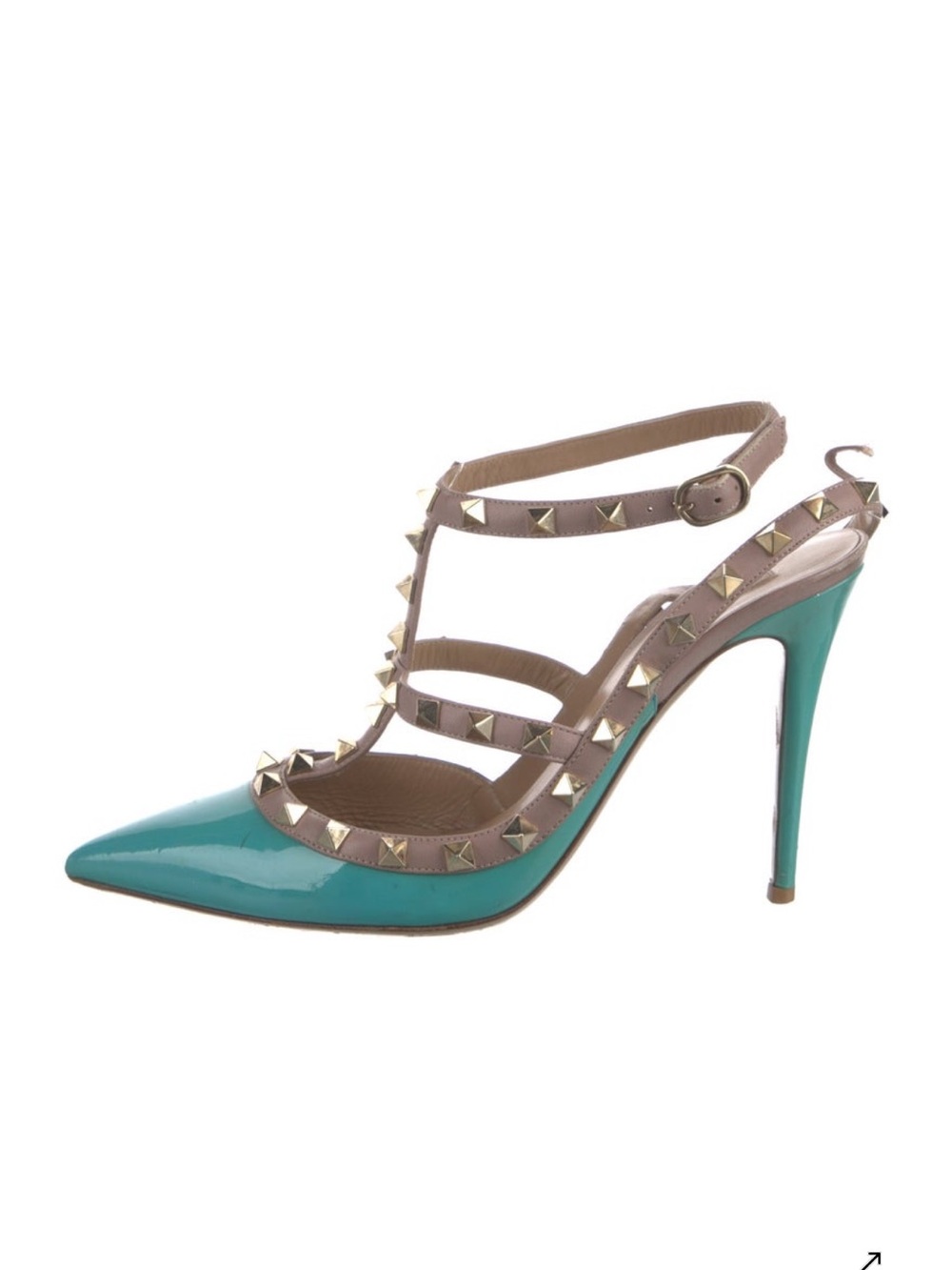 Valentino Teal Patent Leather Rockstud T-Strap Pumps with Tan Straps - Picture 2 of 4